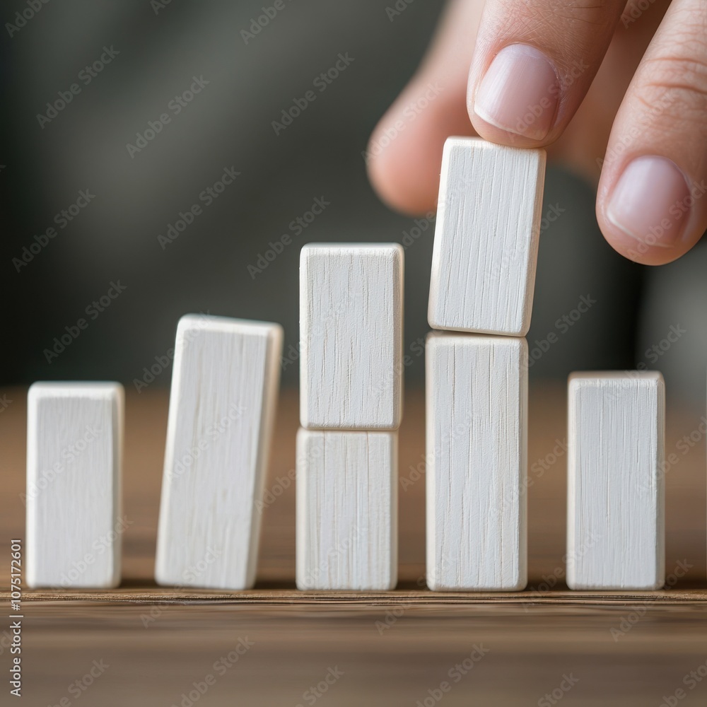A hand carefully stacks wooden blocks in an ascending arrangement, symbolizing growth and progress. A hand carefully stacks wooden blocks in an ascending arrangement, symbolizing growth and progress.