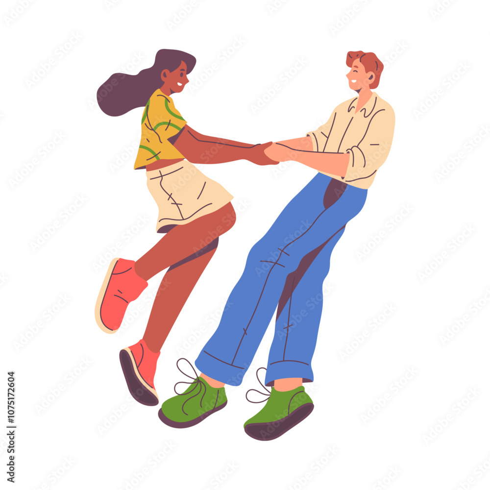 Smiling boyfriend and girlfriend holding hands and smiling, swirling and dancing around. Flat cartoon character, vector illustration. Friends or family members meeting and greeting each other Smiling boyfriend and girlfriend holding hands and smiling, swirling and dancing around. Flat cartoon character, vector illustration. Friends or family members meeting and greeting each other