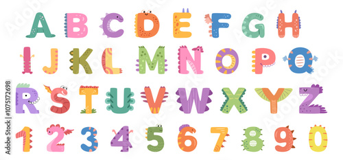 Letters and numbers, funny dinosaur english alphabet fonts. Vector in flat style, isolated creative personage features. Learning at elementary school or preschool, colorful graphics for kids
