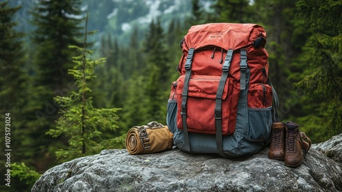 A hiking backpack with gear in a forest setting.
