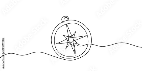 One continuous line drawing of traveller compass. Old navigate and adventure symbol in simple linear style. Business strategy and adventure concept in editable stroke. Banner vector illustration