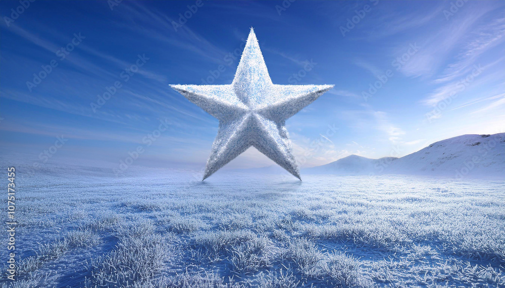 Naklejka premium Abstrakcyjny krajobraz świąteczny, koncepcyjny. Duża biała gwiazda betlejemska na śniegu. Tapeta świąteczna, zimowe tło