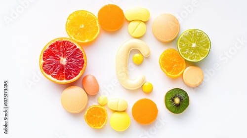 An assortment of citrus fruits and vitamin C supplements arranged in the shape of the letter 'C' on a white background, symbolizing health and nutrition.