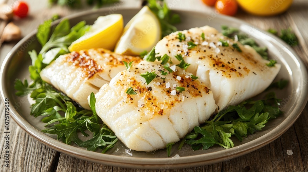 Freshly Grilled White Fish Fillets Served on a Plate with Lemon Wedges, Garnished with Parsley, and Accompanied by Cherry Tomatoes on a Rustic Wooden Table Freshly Grilled White Fish Fillets Served on a Plate with Lemon Wedges, Garnished with Parsley, and Accompanied by Cherry Tomatoes on a Rustic Wooden Table