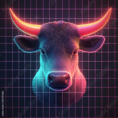 A neon-lit, stylized depiction of a bull's head against a grid background, blending contemporary and retro aesthetics.
