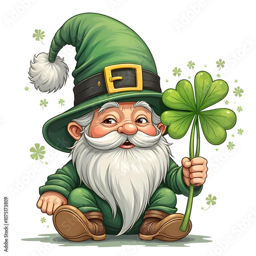 st patricks day gnome holding a clover in hand, cartoon cute st patrick's day isolated on white, green hand drawn gnome element card background