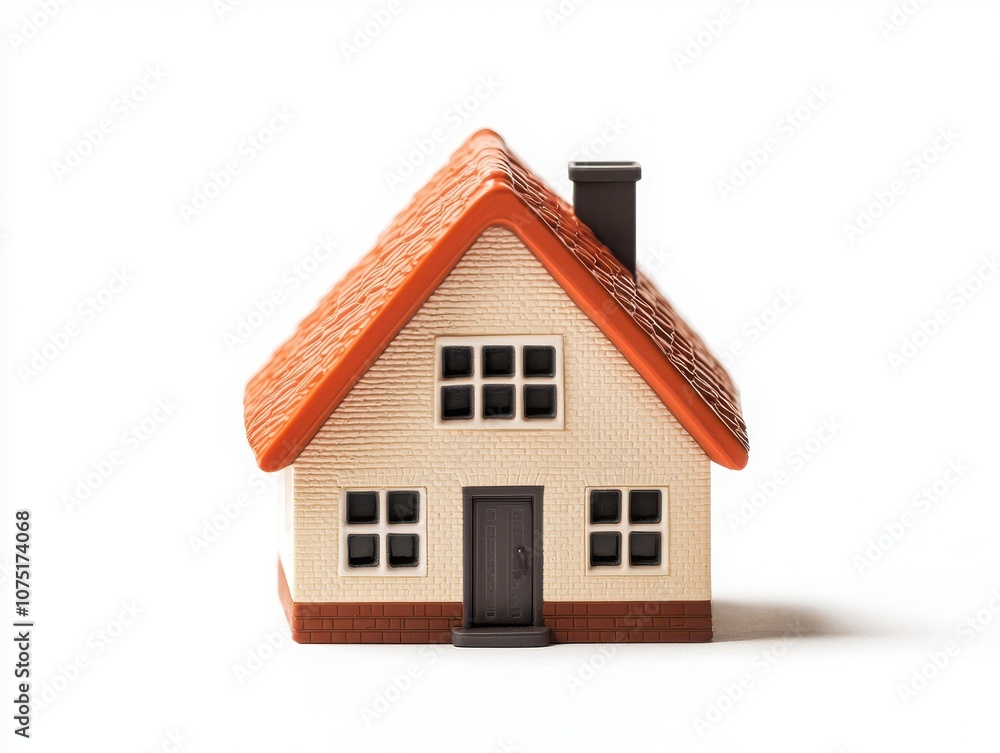 A small, detailed model of a house featuring a red roof, a black chimney, and multiple windows, symbolizing home and coziness. A small, detailed model of a house featuring a red roof, a black chimney, and multiple windows, symbolizing home and coziness.
