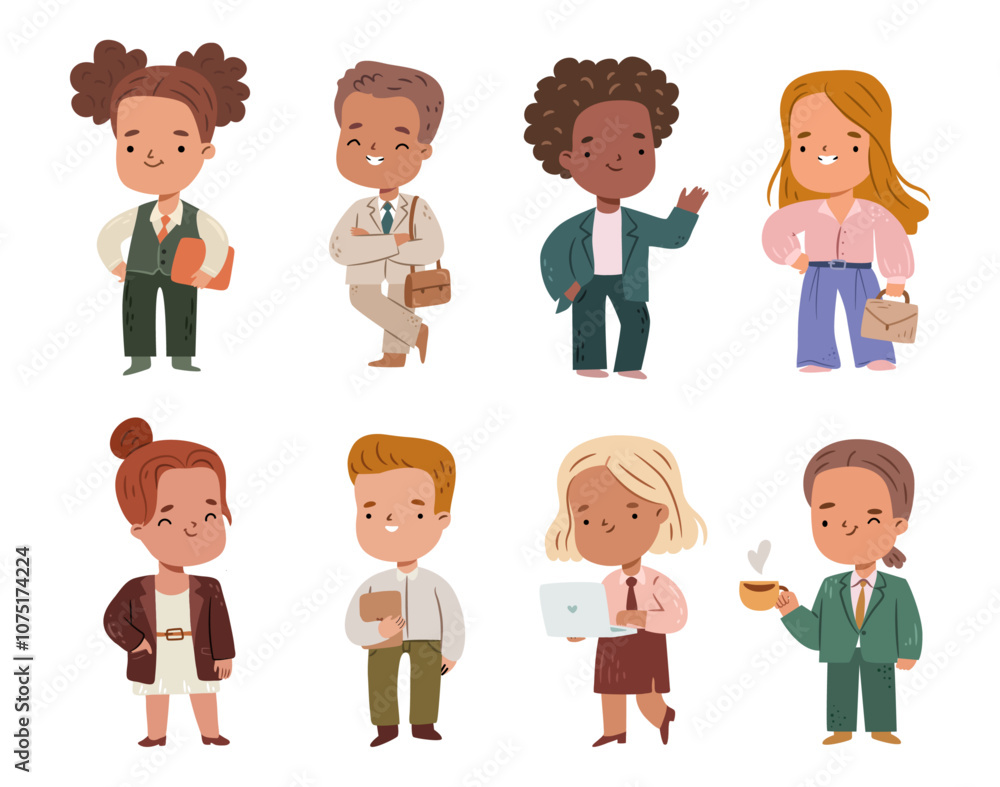 Cute kids in business suits with documents. Vector in flat style, isolated set of young businesslady and businessman with kawaii facial expressions. Employees and employers, team leads Cute kids in business suits with documents. Vector in flat style, isolated set of young businesslady and businessman with kawaii facial expressions. Employees and employers, team leads