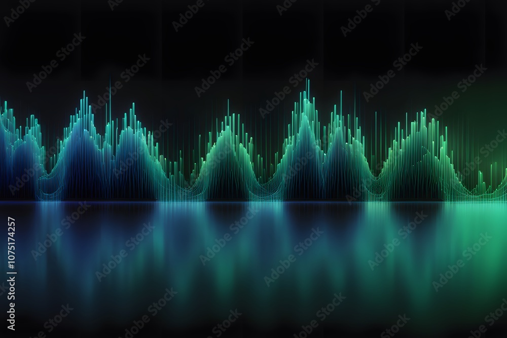 Digital waveforms in metallic blue and green on a dark gradient background, AI Generated Digital waveforms in metallic blue and green on a dark gradient background, AI Generated