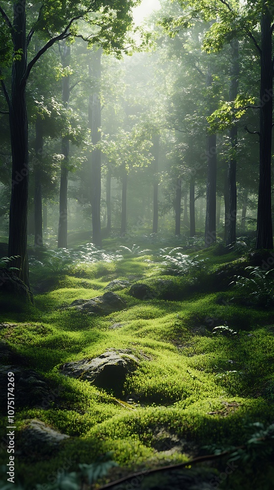 Obraz premium Sunbeams through a Misty Forest