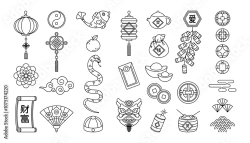 New year in Chin, chinese holiday elements. Vector in flat line art style. Hieroglyph of love and wealth, spirituality. Paper lantern and charms, gold and fan, serpent and hong bao letter