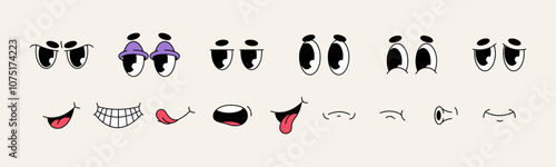 Facial parts and face expressions of vintage mascot cartoon character. Vector isolated eyes frowning in anger, surprised and sad. Mouths with smirk or grin, laugh or smile, whistle or stick out tongue