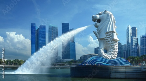 Merlion Statue with Freshwater Spouts Against Skyscrapers. AI generated illustration