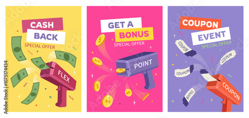 Coupon gun. 3D event voucher. Discount tickets for sale banner. Firecracker benefit machine. Sale event. Dollar cash or coins handgun. Money shooting weapon vector promotion posters set