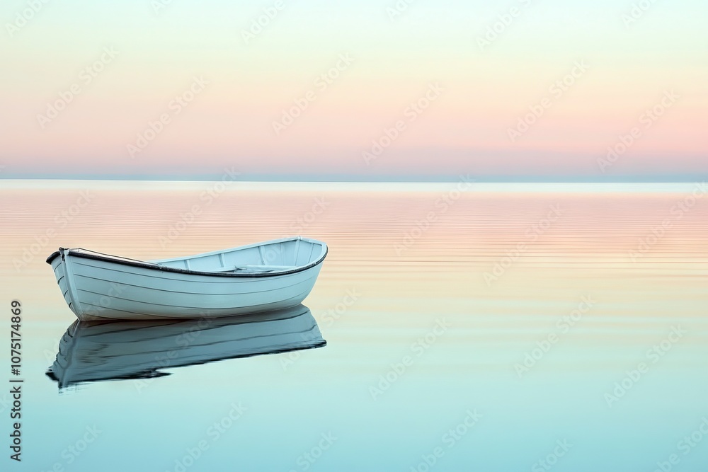 White rowboat on calm water with pastel blue sky. AI generated illustration White rowboat on calm water with pastel blue sky. AI generated illustration