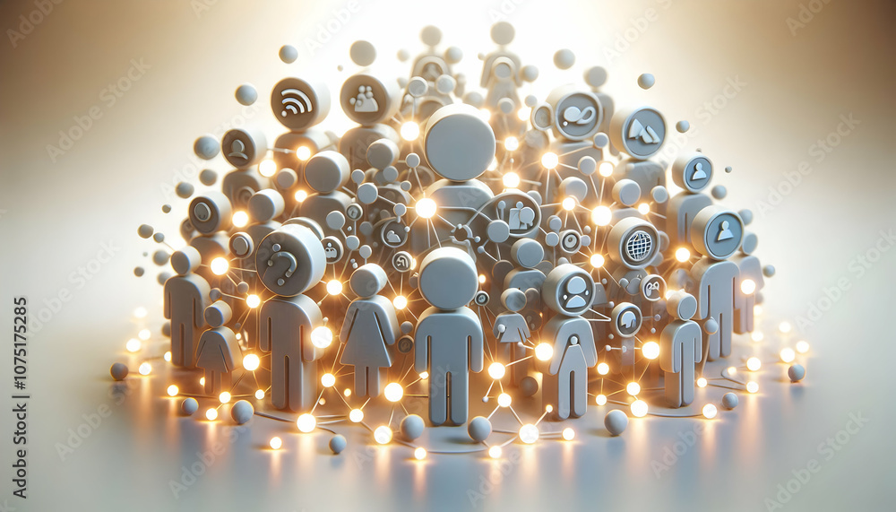 3D Bokeh Community Engagement Digital Art Background, Soft Glowing Lights Representing Active Interaction, Ideal for Advertisements, Copy Space, 3D Icon Isolated on White Background