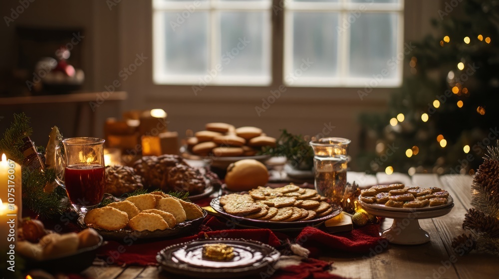 Festive table spread with assorted cookies and holiday decorations. Festive table spread with assorted cookies and holiday decorations.