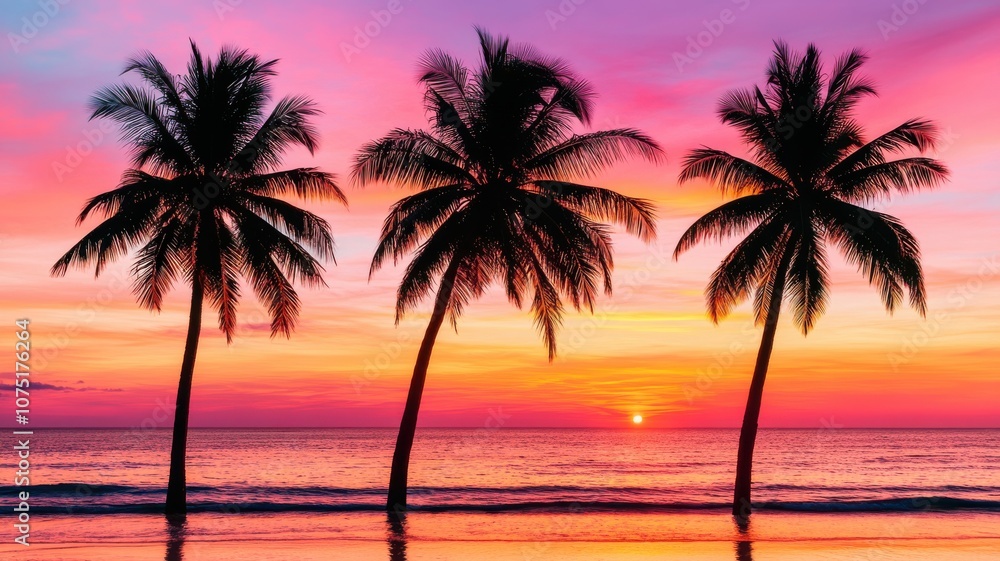 Stunning sunset over ocean with palm trees silhouetted. Stunning sunset over ocean with palm trees silhouetted.