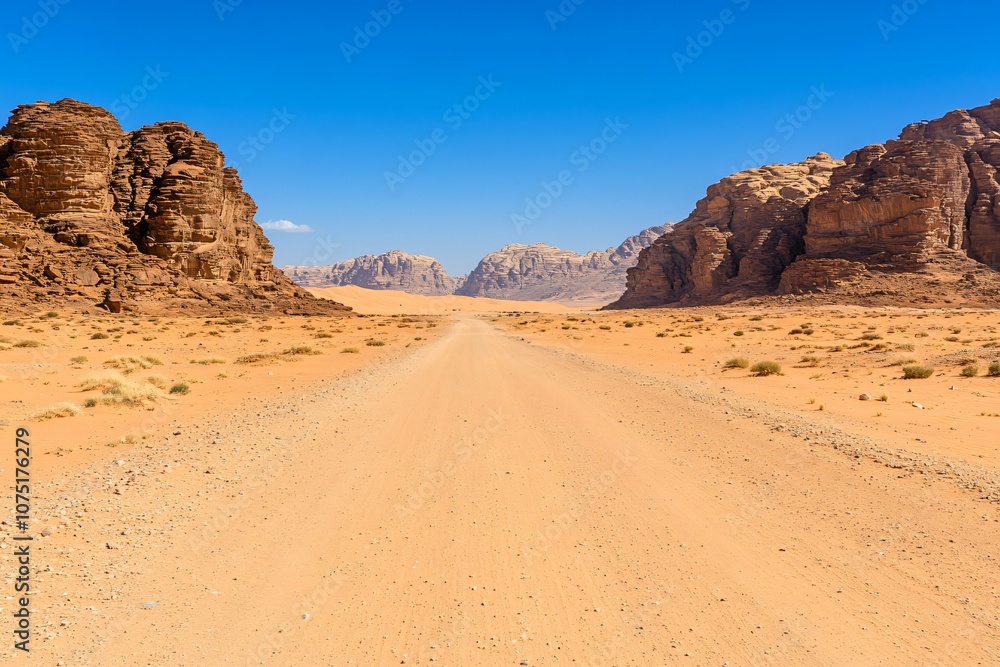 Endless Desert Road with Majestic Rocky Cliffs Under Clear Blue Sky Endless Desert Road with Majestic Rocky Cliffs Under Clear Blue Sky