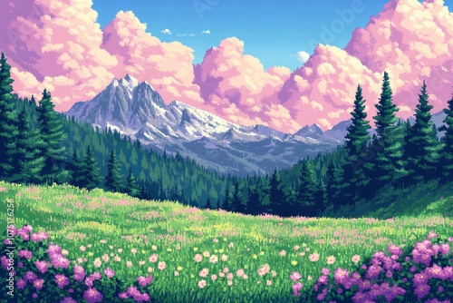 Pastel pixel art of a meadow with flowers and mountains in the background. AI generated illustration