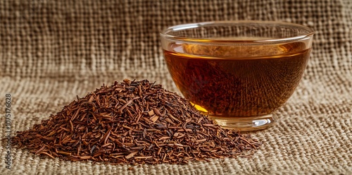 Close-up of red rooibos tea in a glass cup with loose-leaf herbal leaves on burlap. AI generated illustration