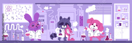 Cute vector hare, dog, raccoon animals scientist hold tubes of chemicals and making experiments in scientific laboratory