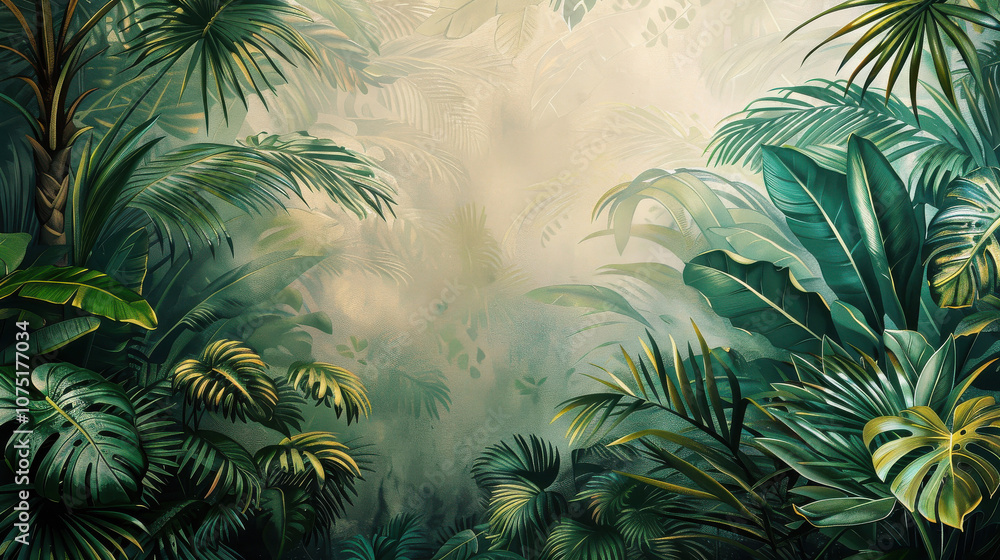 Lush green foliage surrounded by mist creates a serene, tropical atmosphere, evoking the essence of a vibrant jungle. Lush green foliage surrounded by mist creates a serene, tropical atmosphere, evoking the essence of a vibrant jungle.
