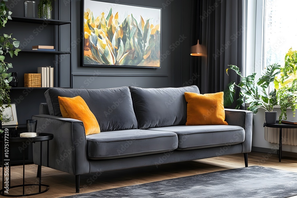 A gray sofa with orange throw pillows sits in a modern living room. The room features a large black shelving unit, a painting above the sofa, and a window with plants A gray sofa with orange throw pillows sits in a modern living room. The room features a large black shelving unit, a painting above the sofa, and a window with plants