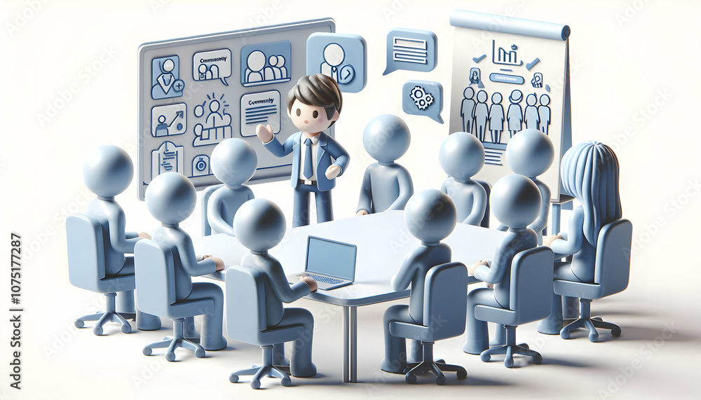 3D Community Manager Leads Strategy Session for Community Goals Collaboration in Modern Meeting Room Ample Copy Space for Text Isolated Icon on White Background 3D Community Manager Leads Strategy Session for Community Goals Collaboration in Modern Meeting Room Ample Copy Space for Text Isolated Icon on White Background