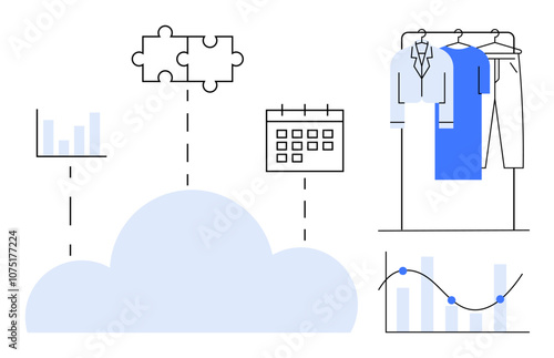 Cloud connected with bar graphs, puzzle pieces, calendar, and clothing rack. Ideal for fashion retail, inventory, data analysis, cloud computing integration planning online stores. Line metaphor