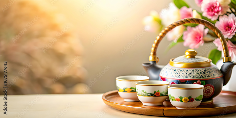 Plain Seollal Traditional Tea Set Photo with Elegant Background, Korean Tea Set for Seollal Celebrations, Ample Copy Space for Peace, Harmony, Cultural Tradition, Stock Photography Concept Plain Seollal Traditional Tea Set Photo with Elegant Background, Korean Tea Set for Seollal Celebrations, Ample Copy Space for Peace, Harmony, Cultural Tradition, Stock Photography Concept