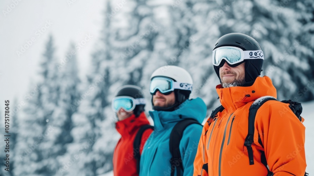 Three skiers in colorful jackets standing in snowy landscape. Three skiers in colorful jackets standing in snowy landscape.
