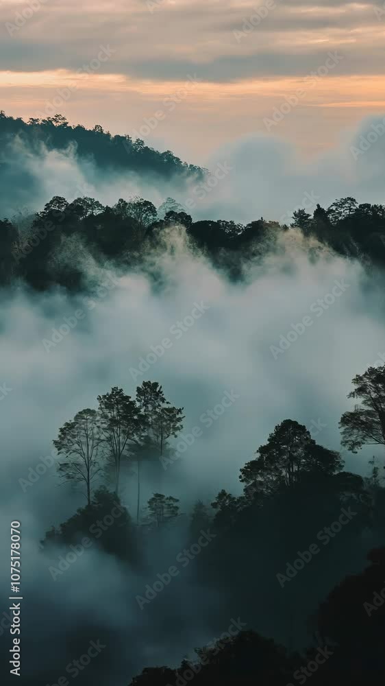 Fog rolling over tropical forest at sunrise Fog rolling over tropical forest at sunrise