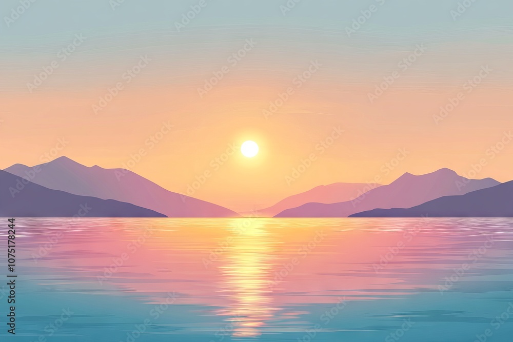 Serene sunset over the sea with mountains, a minimalist flat vector illustration. AI generated illustration Serene sunset over the sea with mountains, a minimalist flat vector illustration. AI generated illustration