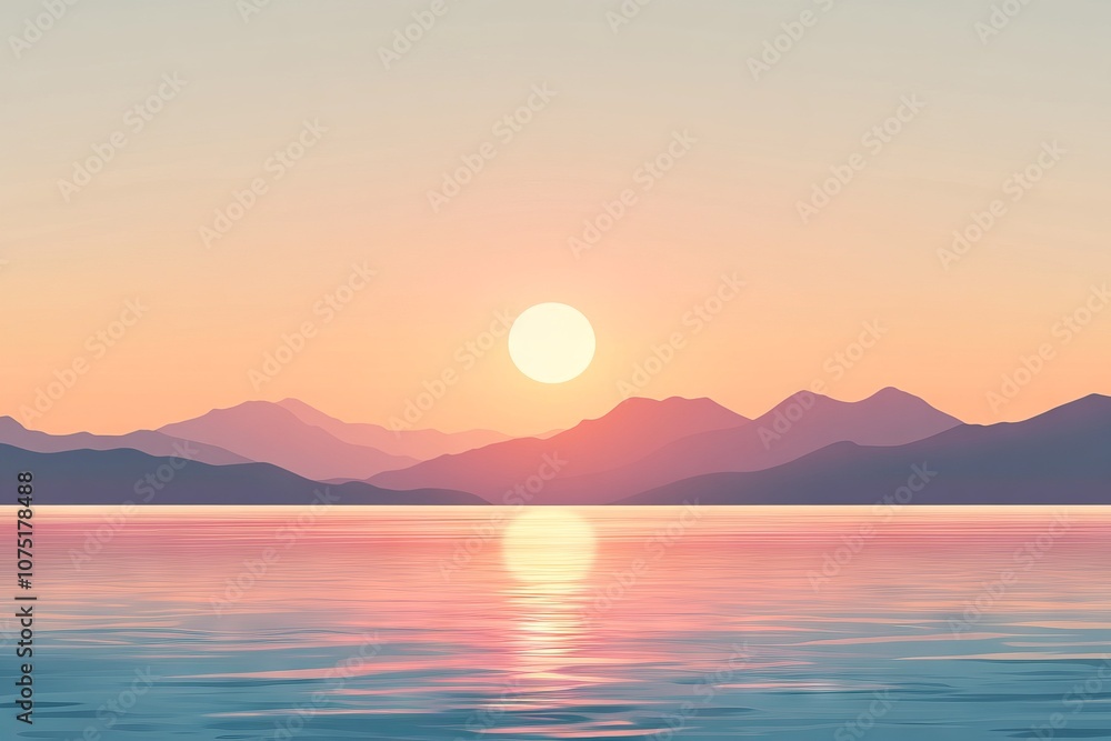 Serene sunset over the sea with mountains, a minimalist flat vector illustration. AI generated illustration Serene sunset over the sea with mountains, a minimalist flat vector illustration. AI generated illustration