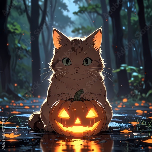 Halloween-themed illustration of a cat sitting with a glowing jack-o-lantern, set in a mystical, autumn setting. Perfect for Halloween-themed designs and festive cat lovers photo