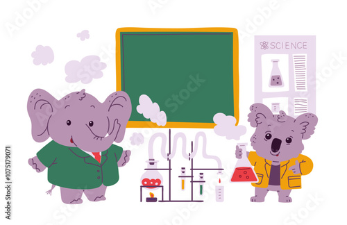 Cute elephant and koala scientist with tubes of chemicals and making laboratory experiment, vector cartoon animal doctor
