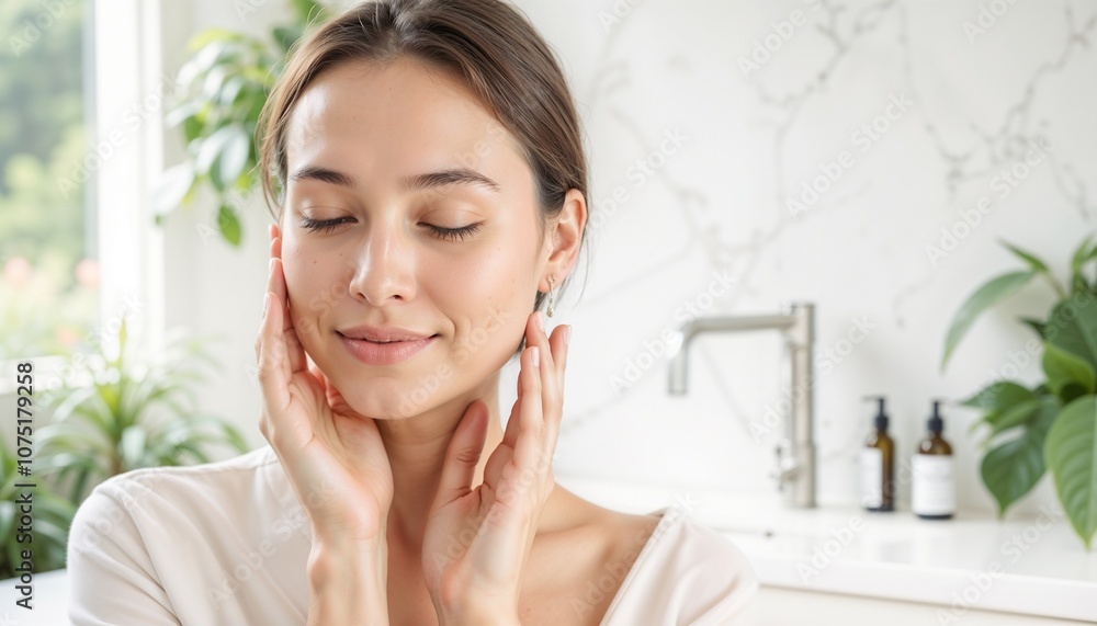 A serene woman applying rosehip oil to her face in a modern bathroom with plants and soft lighting A serene woman applying rosehip oil to her face in a modern bathroom with plants and soft lighting