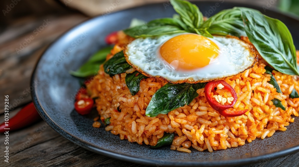 Delicious Plate of Spicy Basil Fried Rice Topped with Fried Egg and Fresh Green Basil Leaves on a Rustic Wooden Table Delicious Plate of Spicy Basil Fried Rice Topped with Fried Egg and Fresh Green Basil Leaves on a Rustic Wooden Table