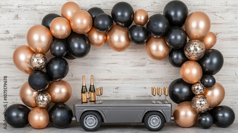 A stylish balloon arch in black, gold, and rose gold adorns a table with champagne, perfect for celebrations and events. A stylish balloon arch in black, gold, and rose gold adorns a table with champagne, perfect for celebrations and events.