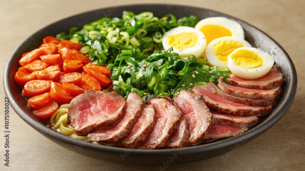 A bowl of ramen noodles with beef, eggs, and vegetables. A bowl of ramen noodles with beef, eggs, and vegetables.