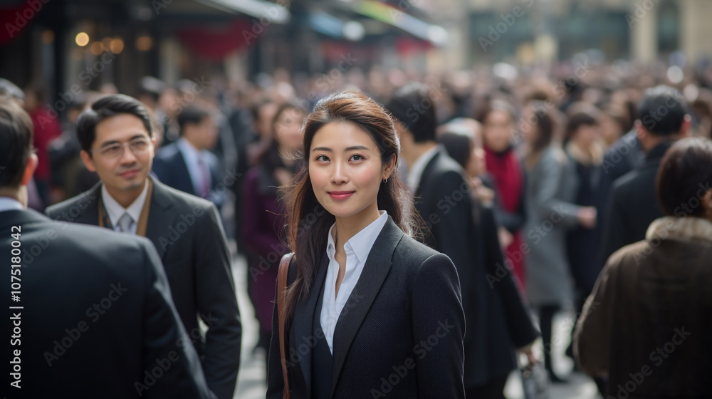 Asian Business Woman smiling with confidence in a busy crowd Asian Business Woman smiling with confidence in a busy crowd