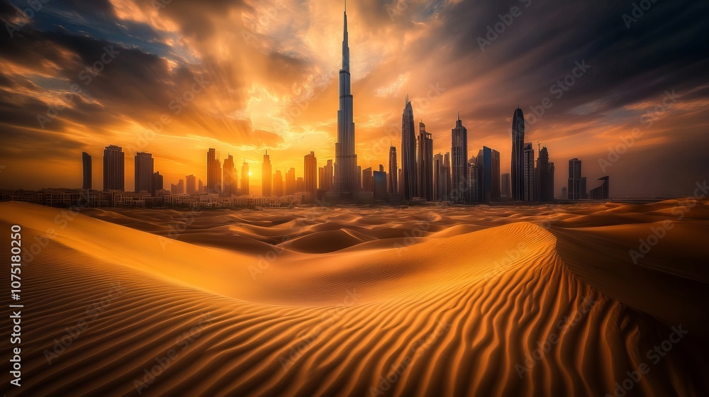 Dubai skyline at sunset with desert dunes in warm tones. AI generated illustration Dubai skyline at sunset with desert dunes in warm tones. AI generated illustration