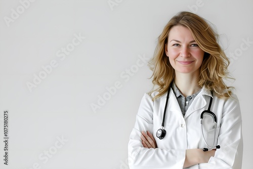 Portrait of a female doctor in white medical form on light grey color background. Copy space.