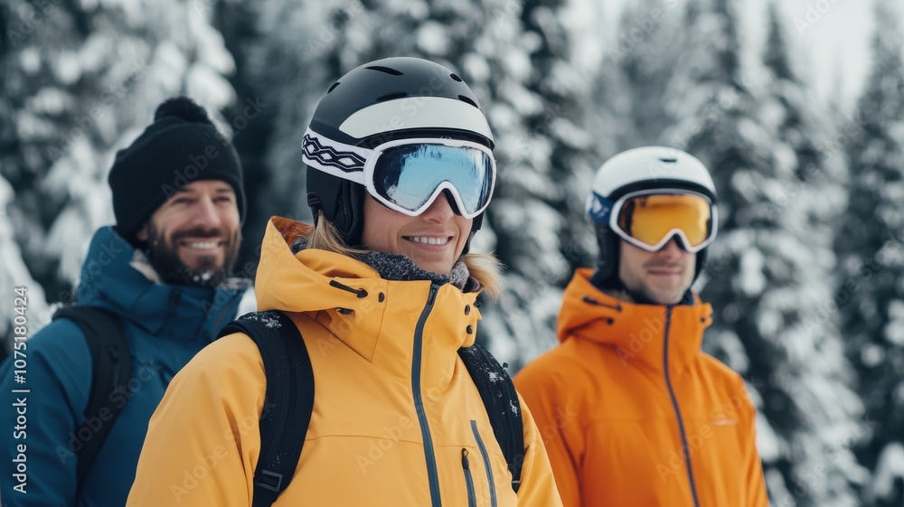 Three friends enjoying a sunny day skiing in snowy mountains. Three friends enjoying a sunny day skiing in snowy mountains.