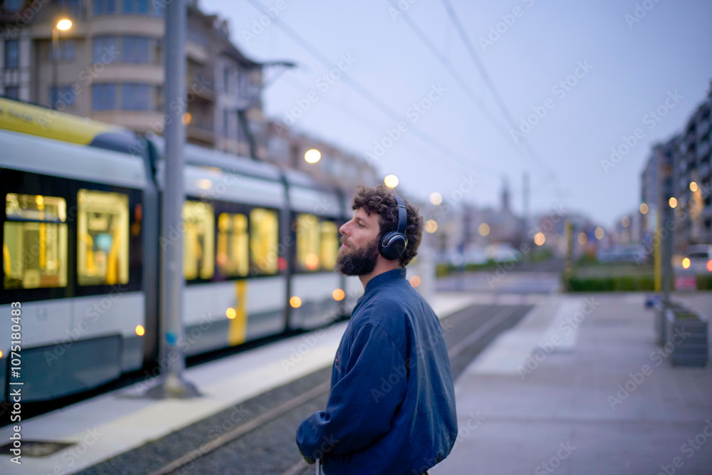 Man with headphones standing by a tram at twilight, Belgium Man with headphones standing by a tram at twilight, Belgium