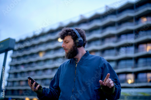 Man in headphones using smartphone with a building in the background during dusk, Belgium photo