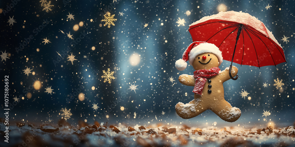 Christmas decoration of a gingerbread man with a red umbrella under a snowfall of star-shaped snowflakes. Christmas decoration, illustration for banner, web, or ad with space for text. Christmas decoration of a gingerbread man with a red umbrella under a snowfall of star-shaped snowflakes. Christmas decoration, illustration for banner, web, or ad with space for text.