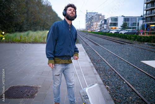 Man standing with a suitcase by train tracks, looking up with an attentive expression, Belgium photo