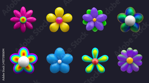 3d y2k flowers. Balloon stickers, color bubble shapes. Plasticine holographic render isolated elements, cute puffy art design. Hippy symbol, summer spring chamomile plant, Vector icon set